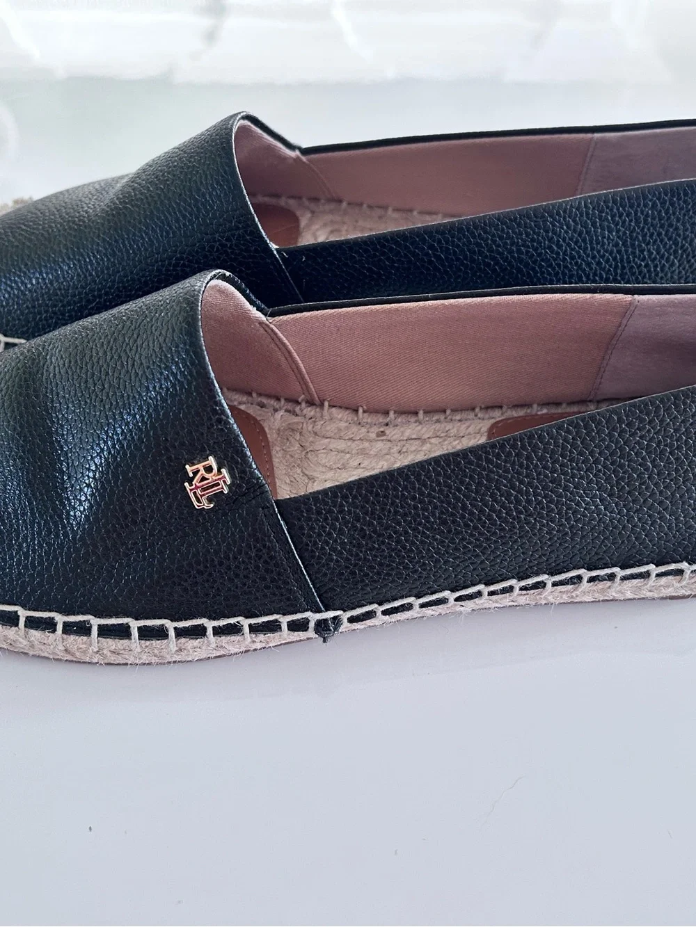 Ralph Lauren Espadrille Flats Black Leather Size 8.5